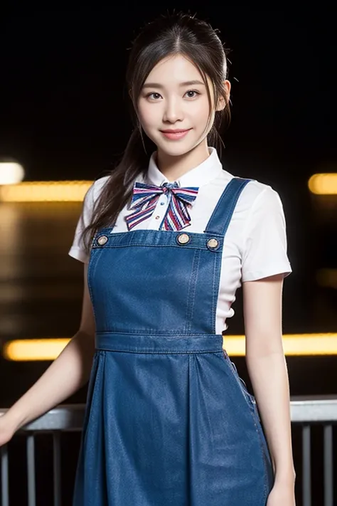 a gorgeous lady, age 22, in Classic Pinafore Dress with Blouse, black fitted bodice, pleated skirt, decorative buttons, white blouse, bow-tie collar, buttoned cuffs,
standing under night sky, dimpled smile, short ponytail, in a natural pose, photorealistic...