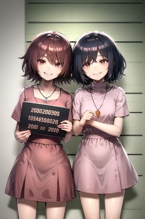 highres,  inaba tewi,  short hair, carrot necklace, short sleeves, pink dress, evil smile, holding sign, height chart,