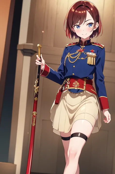 8K High Resolution、(((masterpiece)))、Anime Art、20 year old beauty、Fearless smile、Redhead short cut、167㎝、Small breasts、Blue Eyes、Imposing eyebrows、(((crimson military uniform)))、Vienna in the late 19th century、Austrian Army Officer、Silver rose ornament on c...