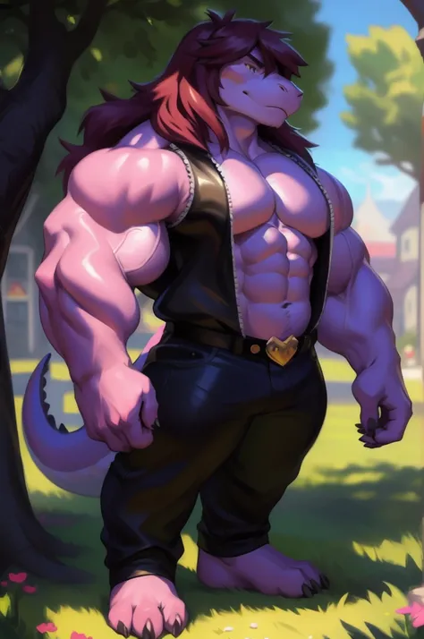 susie, susie deltarune, muscular, strong, plump, heavy, dragon, short stack, male, arnold schwarzenegger, bodybuilder pose uploaded on e621, (detailed background, depth of field), (intricate:1.1), (high detail:1.2), (soft focus), (masterpiece, best quality...