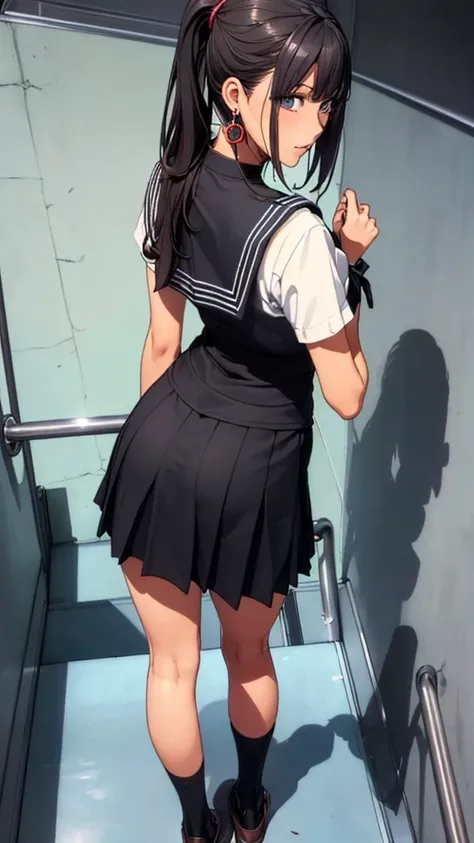 (((highest quality, High resolution, , Pixel Perfect, 4K))),((Correct Anatomy))、((Sailor suit))、(((School stairs))), ((Low angle from behind)),((highest quality)), ((Complex and detailed)), ((Black knee-high socks)), ((Mini Pleated Skirt))、An absurd soluti...