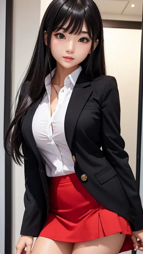 Detailed face、highlight、Asian Girl、thigh、breast enhancement、black髪、Heavy bangs、skirt、blazer、red、black、white
