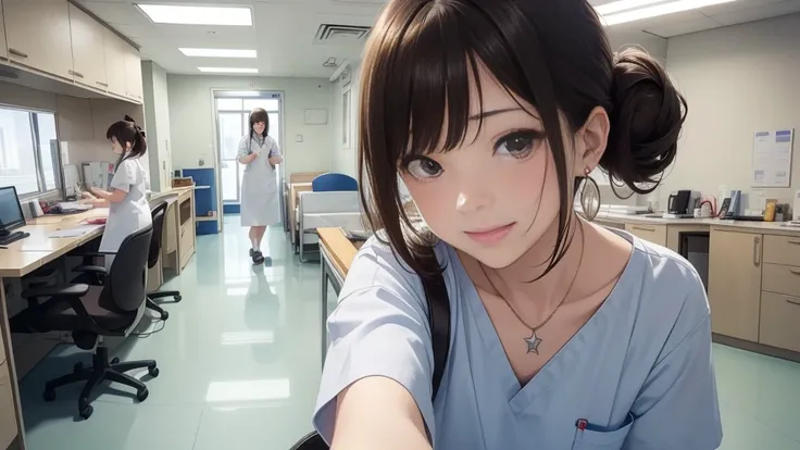 Only one female, (Looking down), (From below), (Peeking from behind the dividing curtain), Health care workers, (Nurse uniform), Mature Woman, /(Dark brown hair/) bangs, A kind smile, (masterpiece highest quality:1.2) Delicate illustrations, super detailed...