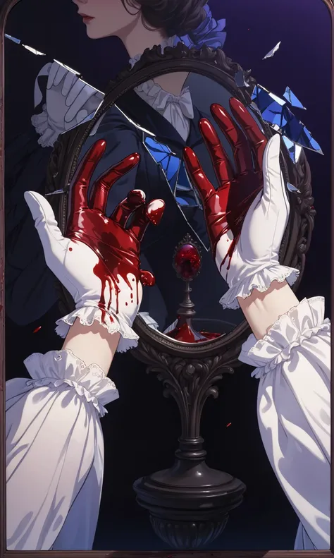 violet and blue colors, pieces of broken mirror, womans hand in white gloves, fragments of mirror, reflection of hands in the mirror, victorian era, victorian style, blood on the gloves, red blood, anime style, masterpiece, european, victorian era, classic...