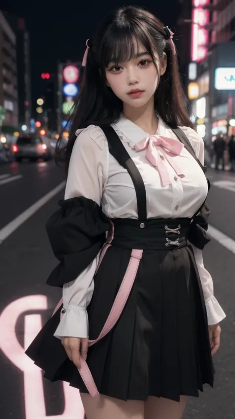 (8k, RAW photo, best quality, masterpiece:1.2), (realistic, photo-realistic:1.33), best quality,1girl,large breasts,ribbon, pink skirt, black hair,  pleated skirt, black shirt,jirai fashion, long hair, brown eyes, pink lips, cute,hime cut, neon lights, jir...