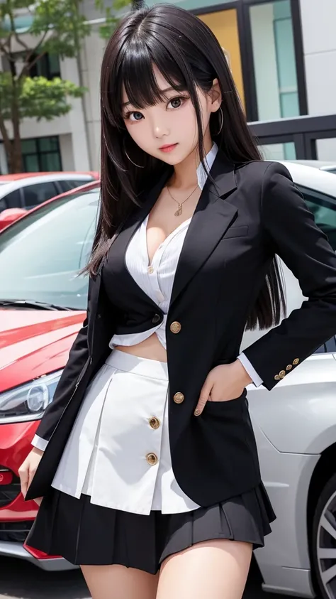 Detailed face、highlight、Asian Girl、thigh、breast enhancement、black髪、Heavy bangs、skirt、blazer、red、black、white
