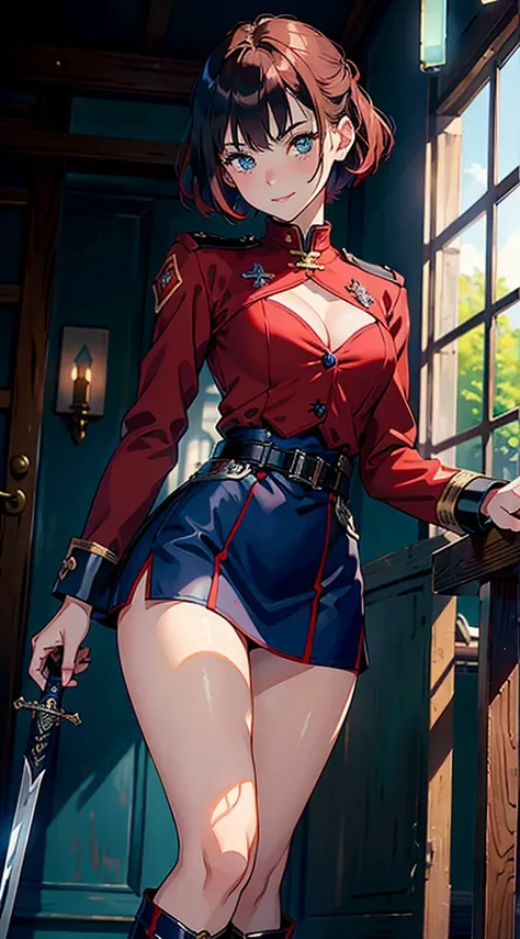 8K High Resolution、(((masterpiece)))、Anime Art、20 year old beauty、Fearless smile、Redhead short cut、167㎝、Small breasts、Blue Eyes、Imposing eyebrows、(((crimson military uniform)))、Vienna in the late 19th century、Austrian Army Officer、Silver rose ornament on c...