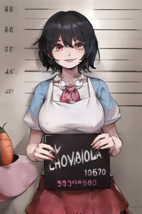 highres,  inaba tewi,  short hair, carrot necklace, short sleeves, pink dress, evil smile, holding sign, height chart,