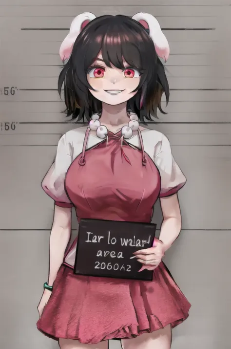 highres,  inaba tewi,  short hair, carrot necklace, short sleeves, pink dress, evil smile, holding sign, height chart,