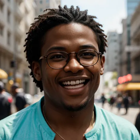 A cinematic photograph of four juxtaposed portraits of a young black man with short hair, in a vibrant urban setting. Each portrait captures a distinct phase of joy with different head positions and variation in the use of glasses: one frontal, without gla...