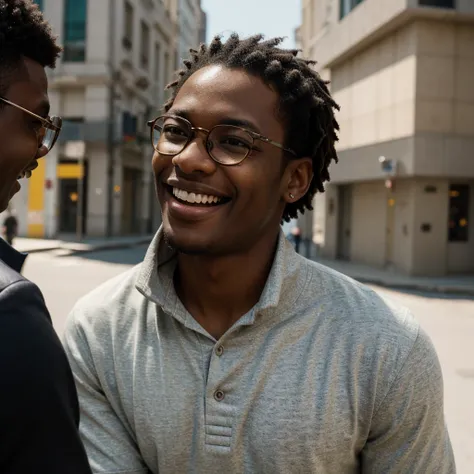 A cinematic photograph of four juxtaposed portraits of a young black man with short hair, in a vibrant urban setting. Each portrait captures a distinct phase of joy with different head positions and variation in the use of glasses: one frontal, without gla...