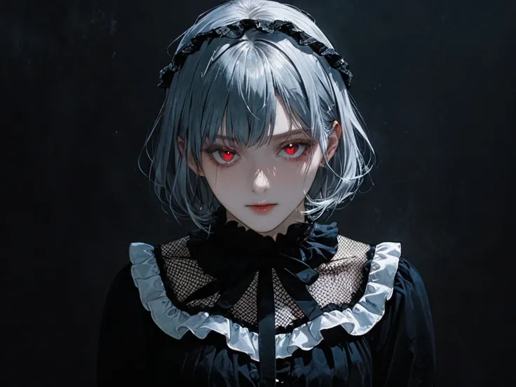 Silver Bob Hair、Ruffle on head、Lifeless red eyes、Dark circles under the eyes、Costume with frills、White fishnet stockings、Illness