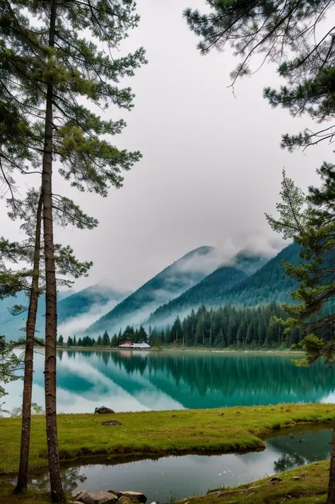 wonderfull landsape with mountains and forest, we can see a little wood cabine close to a lake in a far. foggy