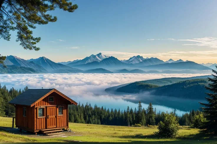 wonderfull landsape with mountains and forest, we can see a little wood cabine close to a lake in a far. foggy