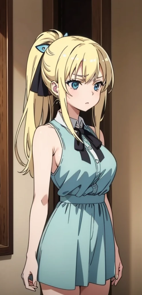 Seina Kashiwazaki, 1girl in, a blond, ponytail, hair ornament, (medium breast), dress, (cowboy_shot), indoors, sleeveless.