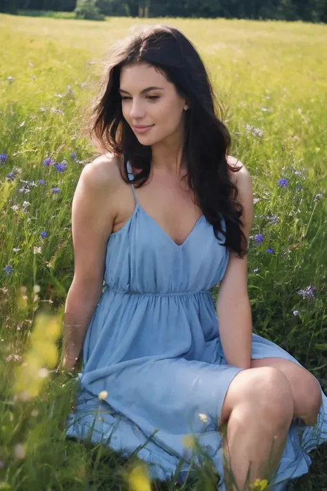 front view, stunning and happy woman with long curly dark hair., wearing a blue dress, sitting in a field of beautiful flowers.