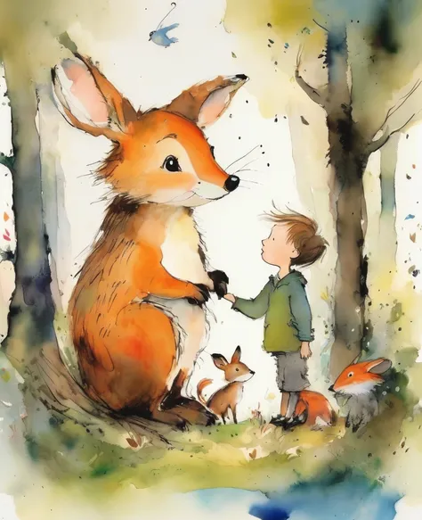 Quentin Blake style photo 、Children and forest animals、Portraiture、High resolution、unaware、highest quality、masterpiece、Very detailed