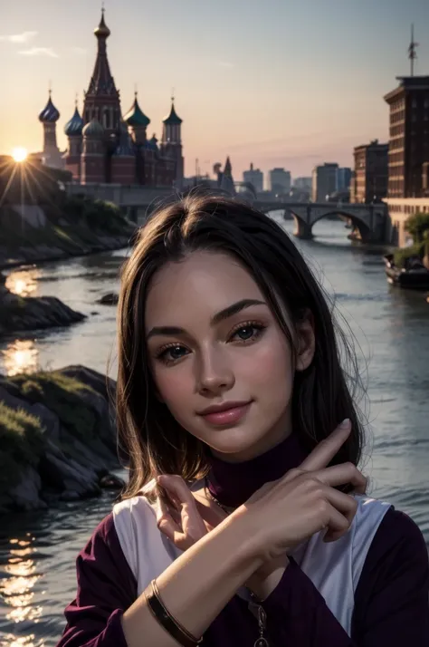 masterpiece, best quality, extremely detailed, hyperrealistic:1.1, photorealistic, a beautiful 20s russian model, ultra detailed face:1.1, sunglasses on head:1.1, purple mock neck t-shirt:1.1, black hair, x-arms:1.3, eye closed:1.3, city, river, in the sun...