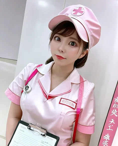 full body portrait、pink_young and very beautiful nurse in sexy tight nurse uniform、big breasts that seem to burst out of the nur...