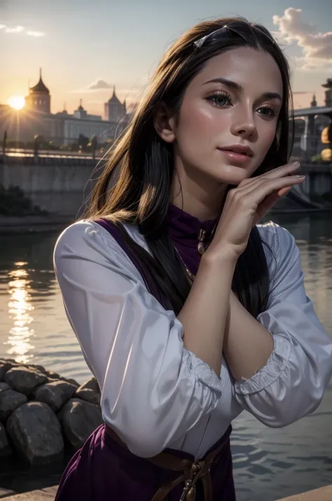 masterpiece, best quality, extremely detailed, hyperrealistic:1.1, photorealistic, a beautiful 20s russian model, ultra detailed face:1.1, sunglasses on head:1.1, purple mock neck t-shirt:1.1, black hair, x-arms:1.3, eye closed:1.3, city, river, in the sun...