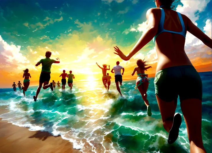 summer beach landscape photography,Beautiful sandy beach and emerald green sea,horizon,((A group of young people running towards the sea)),((Show your back: Rear view)),(Sprint towards the sea as fast as you can,I feel like jumping into the sea as soon as ...