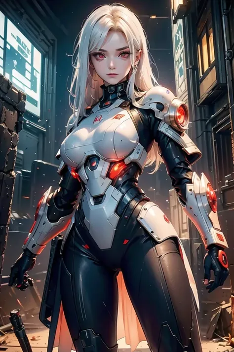 ((cyberpunk women images))，dynamic pose、(masterpiece:1.4, highest quality, dutch angle)(one girl, alone)（white hair that changes...