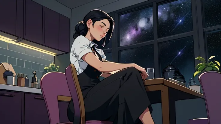 Late at night, a Beautiful woman in her 30s with black hair tied is sitting on the chair with her eyes closed in a stylish kitchen. Cozy wallpaper, Gwydz style artwork, LOFI girls, trending at cgstation, relaxed mood, nightcore, cozy, night, wide glass win...