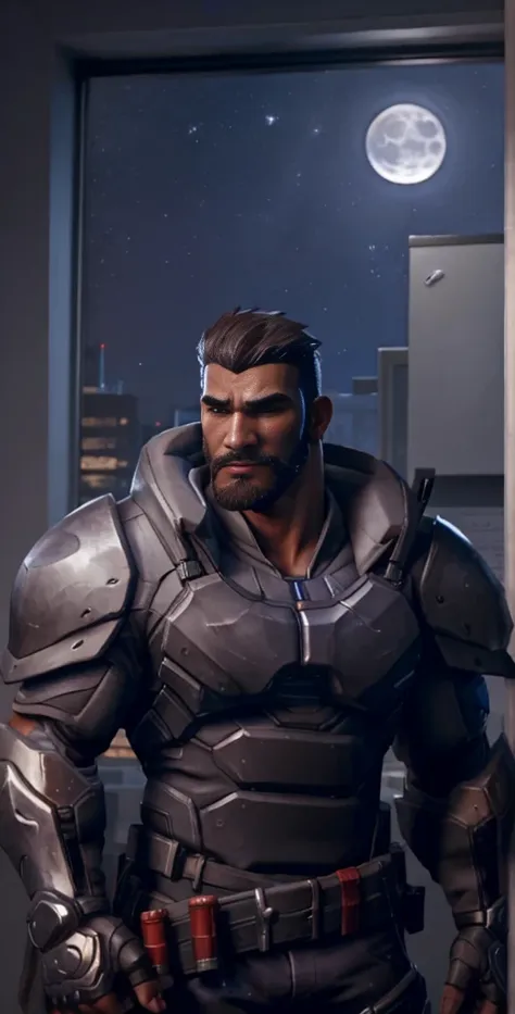 gabrielreyes, standing near window, armor, dual wielding, moonlight, corporate office, night, best quality,