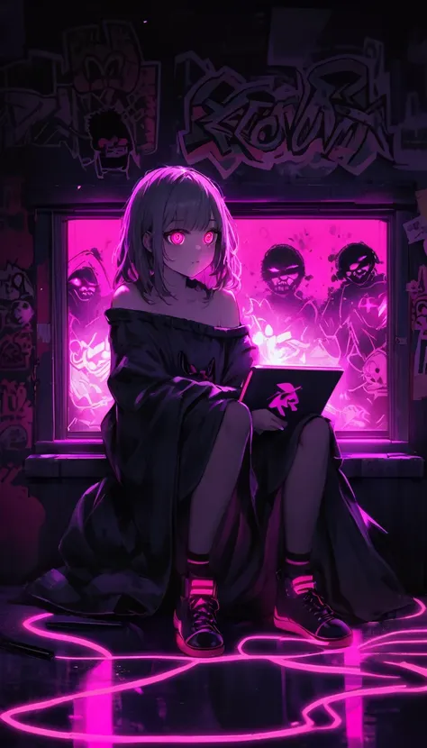 {Karl Thiart art style:1.3}, {Ryohei Hase art style:1}, {creepy atmosphere:0.9}, girl, {purple_theme}, hikimori, {{detailed eyes}}, {the dark room:1.1}, {neon light:1.2}, {{detailed hair}}, tablet_pc, {realistic:1.2}, bare shoulders, parted lips, {graffiti...