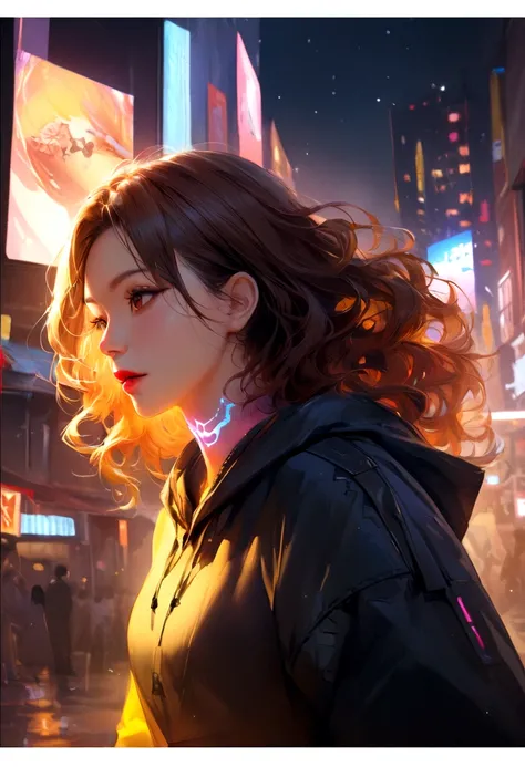 (masterpiece), highest quality, 超High resolution, Young people, Cyberpunk 1: A man flying over a stunning cityscape ,The light on the clothes came on, I have a tattoo on my neck, Techwear Hoodie, Brown Hair, Neon colorの流れ星, Wavy Hair, Cropped shoulders, Ne...