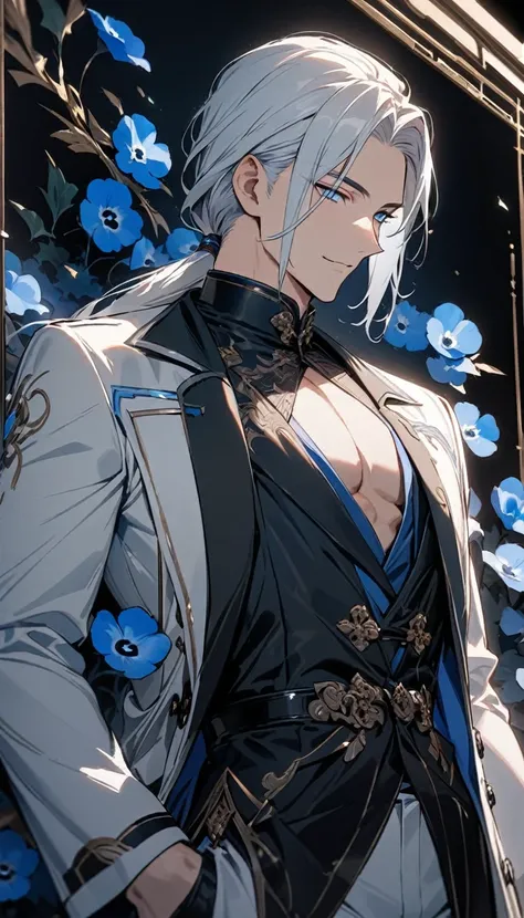 (masterpiece:1.5)，best quality，(1 Handsome man)，alone，white medium length hair，Low ponytail，(blue eyes), (A soft smile)，elegant，perfect face，Fantasy Chinese style，Long black trench coat，white and blue cloth，Complex clothing design with Chinese elements，Bla...