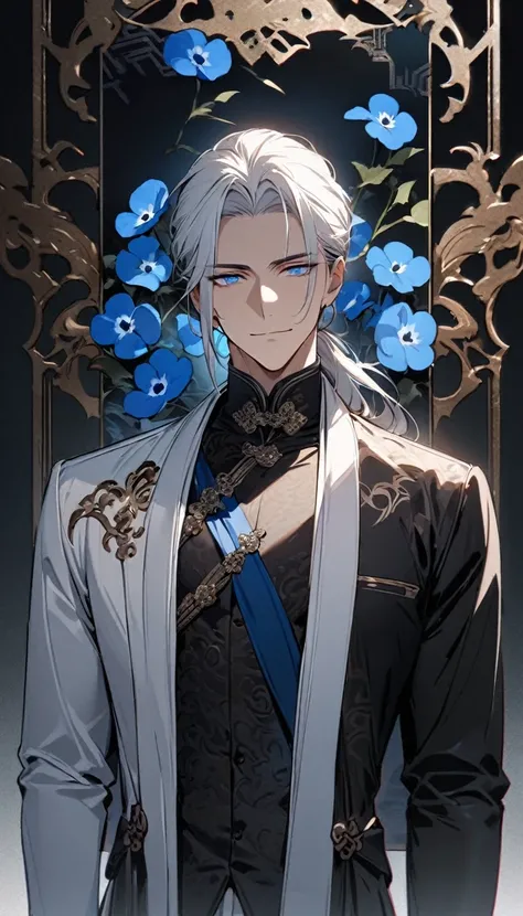 (masterpiece:1.5)，best quality，(1 Handsome man)，alone，white medium length hair，Low ponytail，(blue eyes), (A soft smile)，elegant，perfect face，Fantasy Chinese style，Long black trench coat，white and blue cloth，Complex clothing design with Chinese elements，Bla...