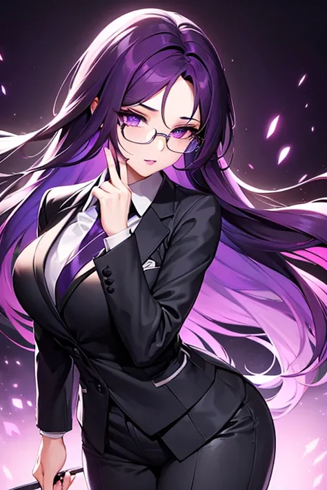 beautiful woman, with purple long hair, violet eyes, purple lips, in a black suit, wears clear glasses, sharp business suit 