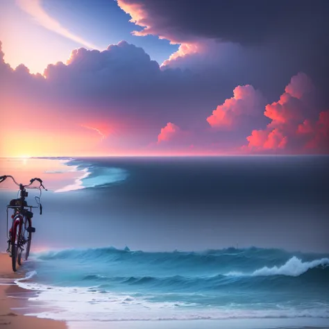 Beach, blue sea,Clear sky, Disappearing into the horizon, See in miles, Distant Sea, Wide Wide Shot, Bicycle on the beach, Background sea, Very wide shot, Gazing at the sea,A red bike on the left,cumulonimbus,Refreshing