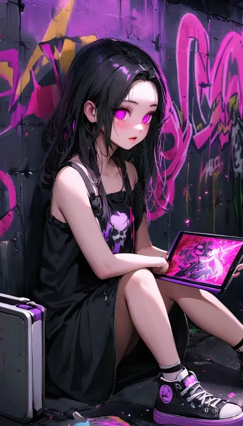 {Karl Thiart art style:1.3}, {Ryohei Hase art style:1}, {creepy atmosphere:0.9}, girl, {purple_theme}, hikimori, {{detailed eyes}}, {the dark room:1.1}, {neon light:1.2}, {{detailed hair}}, tablet_pc, {realistic:1.2}, bare shoulders, parted lips, {graffiti...