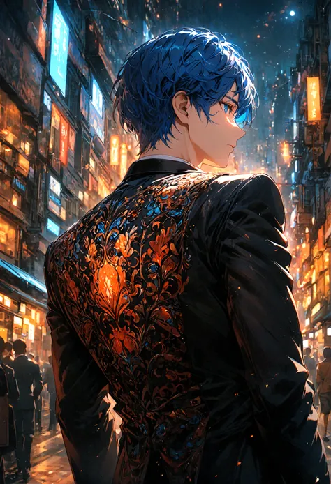 A man with blue hair and blue eyes in a black suit stood alone with his back turned halfway in the middle of the city at night.