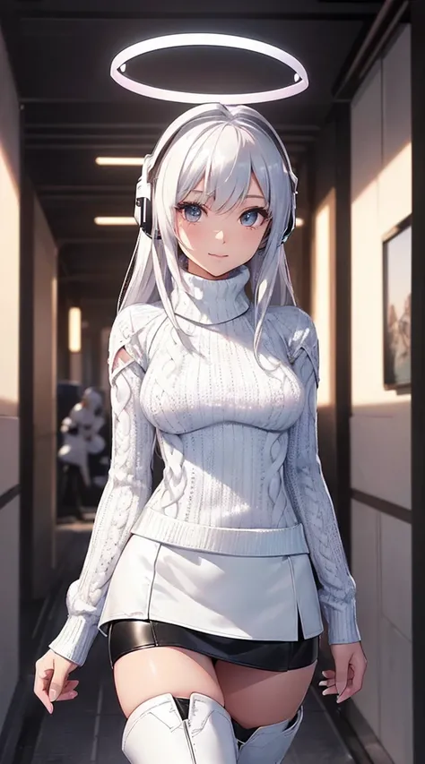 smile、((8k)), ((32k)), ((highest quality)), ((masterpiece)), ((超A high resolution)), ((Tmasterpiece)), ((halo:1.4))、((White mechanical headgear:1.3))、((White mecha cyber headphones:1.3))、Fine skin, High quality fabric, ((Beautiful and dense face))、RAW Phot...