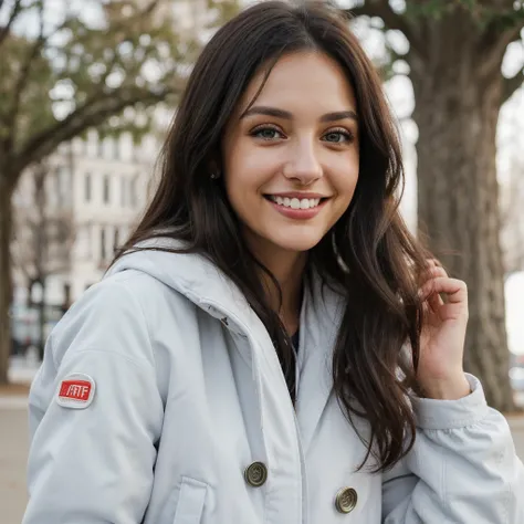 one cute women, 32YO, white, cute face, realistic light brown eyes, blue jacket, black hair, cute smile, skinny face, white realistic teethes, big eyes, long hair, no hands