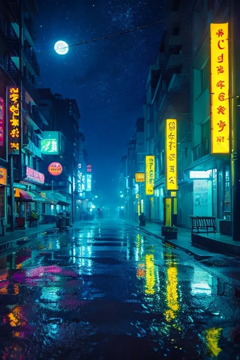 highest quality、Landscape painting、Neon lights in the city、Starry Sky、moon