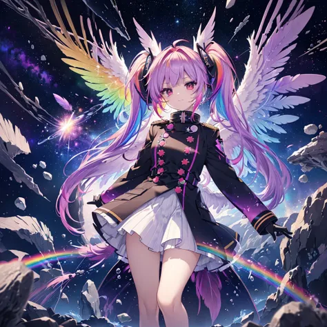 ((Archangel　Fantasy　Rainbow Hair　Make your hair rainbow-colored on the inside　Twin tails　Dull red eyes　Has a galaxy　uniform　Put on a coat without putting your arms through it　Wings many times larger than mine　rainbow gradient feathers　Lonely　Smiling Kindly...