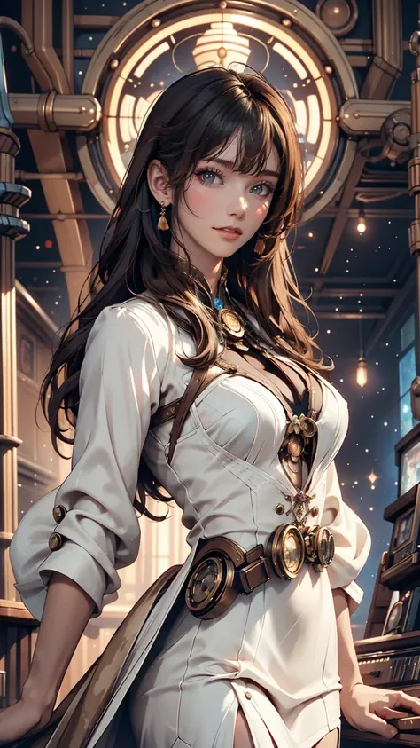 people々Image of a woman in her 50s wearing a white dress standing in front of, 70s Sci-Fi Art, Attractive brown haired woman, Movie stills, Hypermaximalist, Promotional Rendering, By Menez, Cosmic Bjork, steampunk, Velma, Mars Attacks, Around 1970, CP2077 ...