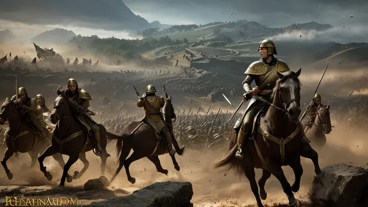 a powerful ancient military commander leading a large army, epic battle scene, intense combat, outnumbered but victorious, strategic maneuvers, sword fighting, spear throwing, soldiers clashing, dramatic lighting, cinematic, digital art, highly detailed, r...