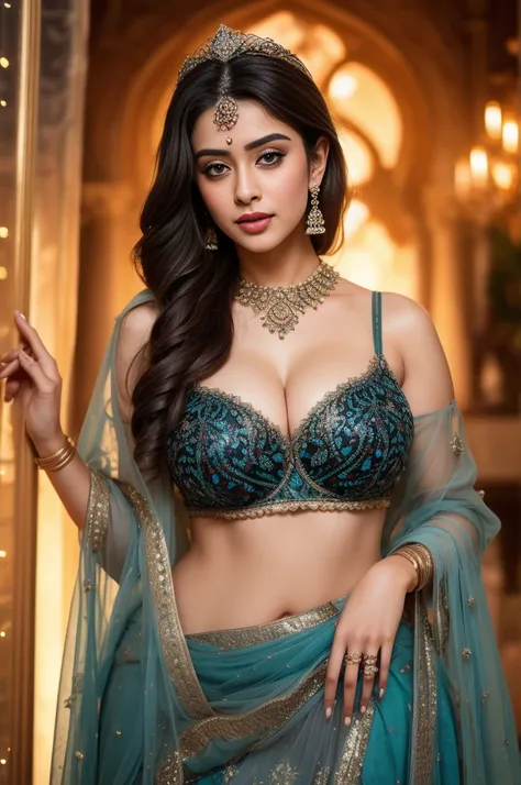 Hiba Nawab in 25 years old, perfect age, ultra realistic face, (((Stunningly sexual Beautiful Persian Princess ))), elegant blue black updo hair, sweet smile, FF cupped large breasts, ultra deep cleavage,  Beautiful bride posing under a fairy tale arch of ...