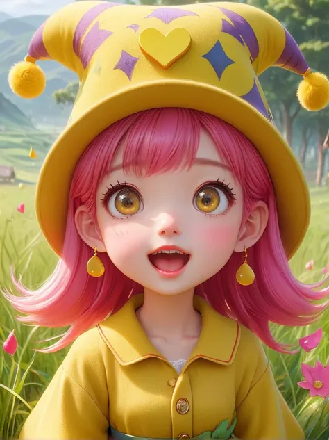 (Little)，(masterpiece, highest quality, highest quality, Official Art, beautifully、aesthetic:1.2), Cute Goddess IP,Require,Little face,Grass,Red scar, Funny expression,Beautiful dress, Cute cartoon diagonal shoulder bag, Pink Hair, Yellow patterned wool ha...