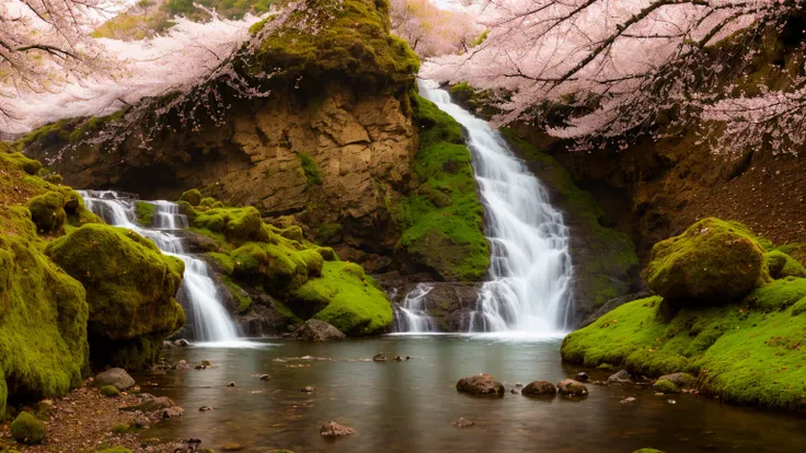 nature, antumn, mountains and forests, rain, cherry blossom, waterfall