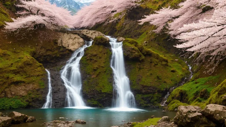 nature, antumn, mountains and forests, rain, cherry blossom, waterfall