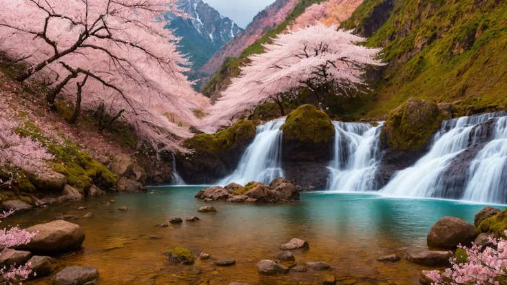 nature, antumn, mountains and forests, rain, cherry blossom, waterfall