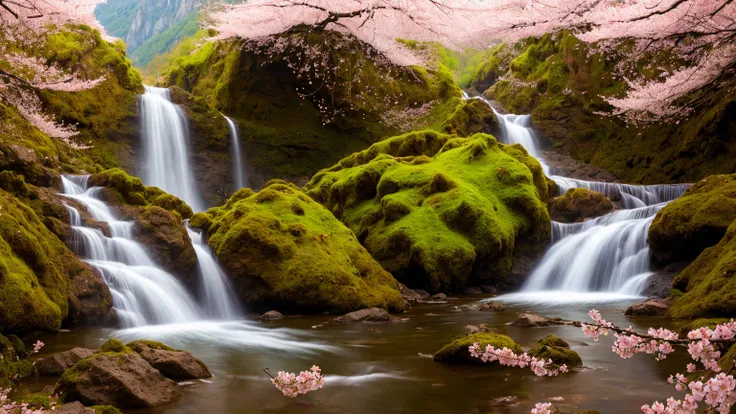 nature, antumn, mountains and forests, rain, cherry blossom, waterfall