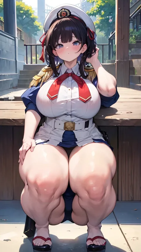 (masterpiece), (1 serious public discipline chairman: 1.3), (super thick and plump body: 1.3), (huge breasts and butt)), (small head: 1.2), (extremely small uniform)), (shiny skin: 1.2), (speech while crouching on the schoolyard morning stand))