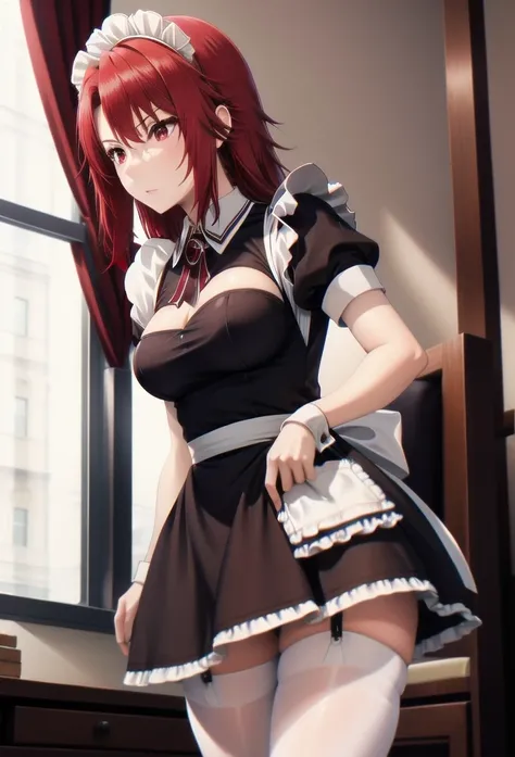 best quality, red hair,red eyes,masterpiece, highres, solo, (maid:1.40), (short sexy maid dress:1.15),clavage
